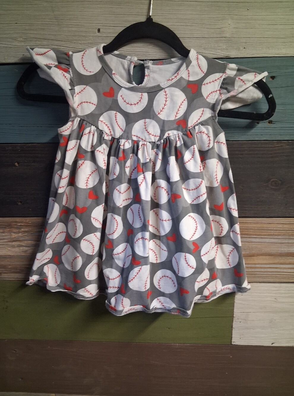 Girls Gray Baseball Print Flutter Sleeve Top